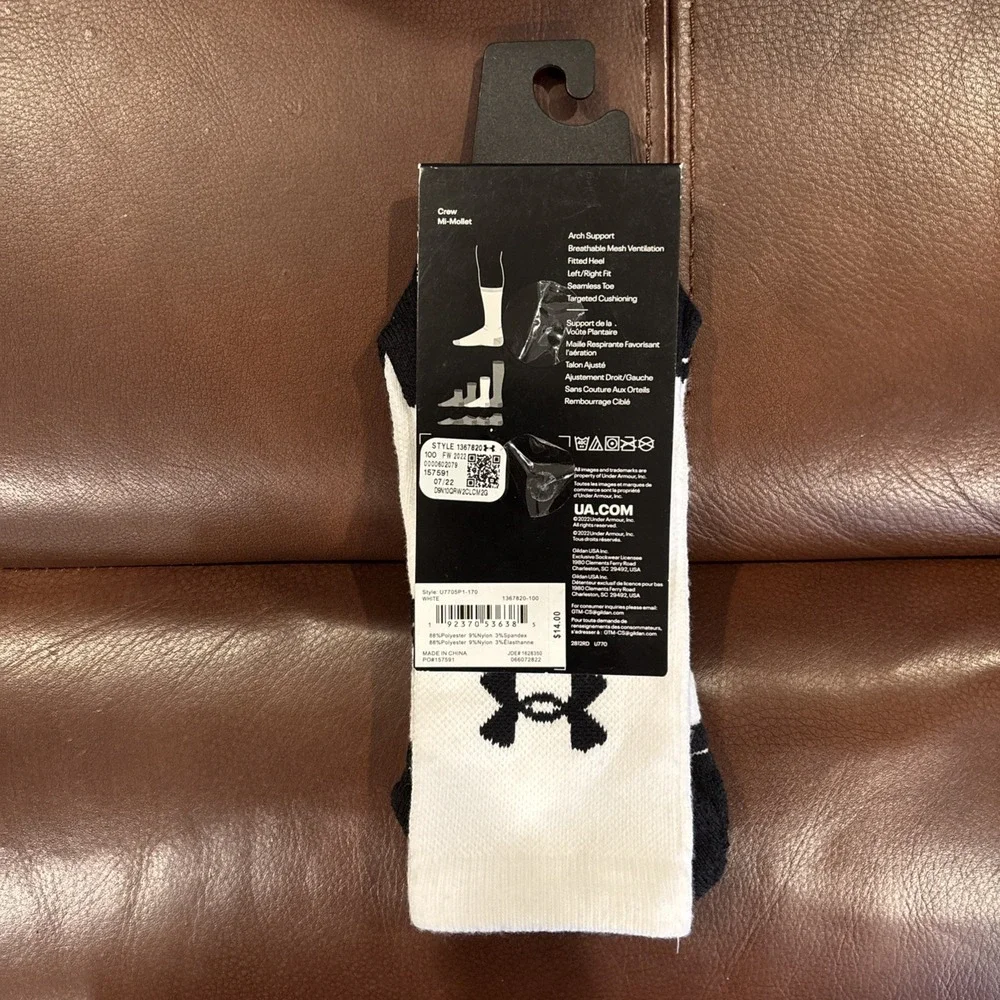 Under Armour Team Crew Socks White Mens Sz 8.5-13 Women 10-14